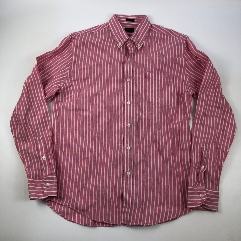 J.Crew Irish Linen Shirt Mens Large Slim Pink White Stripe Baird McNutt EUC